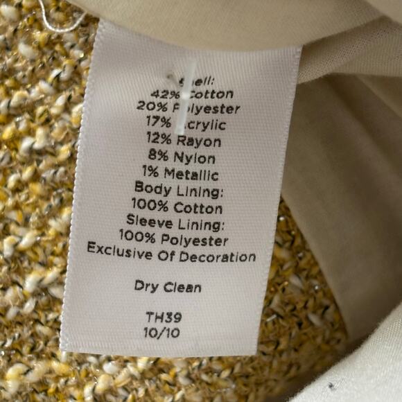 Talbots Women Size 10 Gold Fringe Tweed Pocket Cropped Metal Crest Button Blazer - Picture 4 of 10